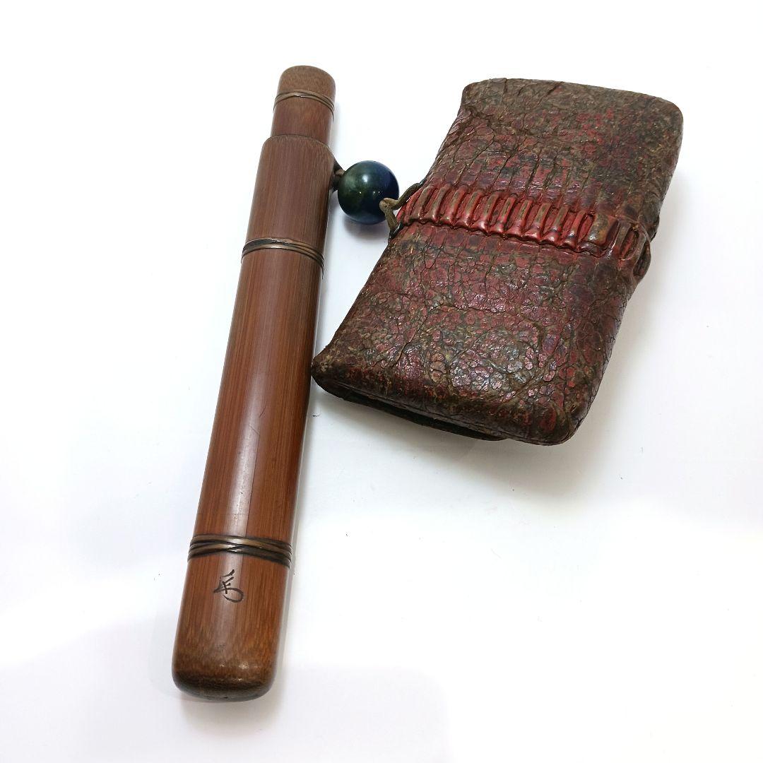 専用Y2978-1 時代物 象嵌金具 竹製 煙管筒 煙草入 キセル筒 ラピス