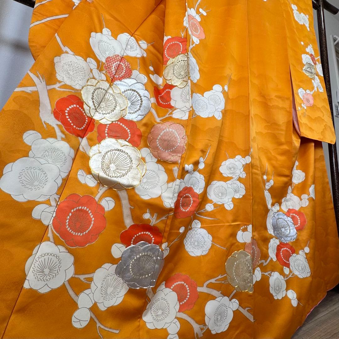 超美品　正絹　現代　振袖　成人式　着物　166裄64 オレンジ　シンプル　梅柄