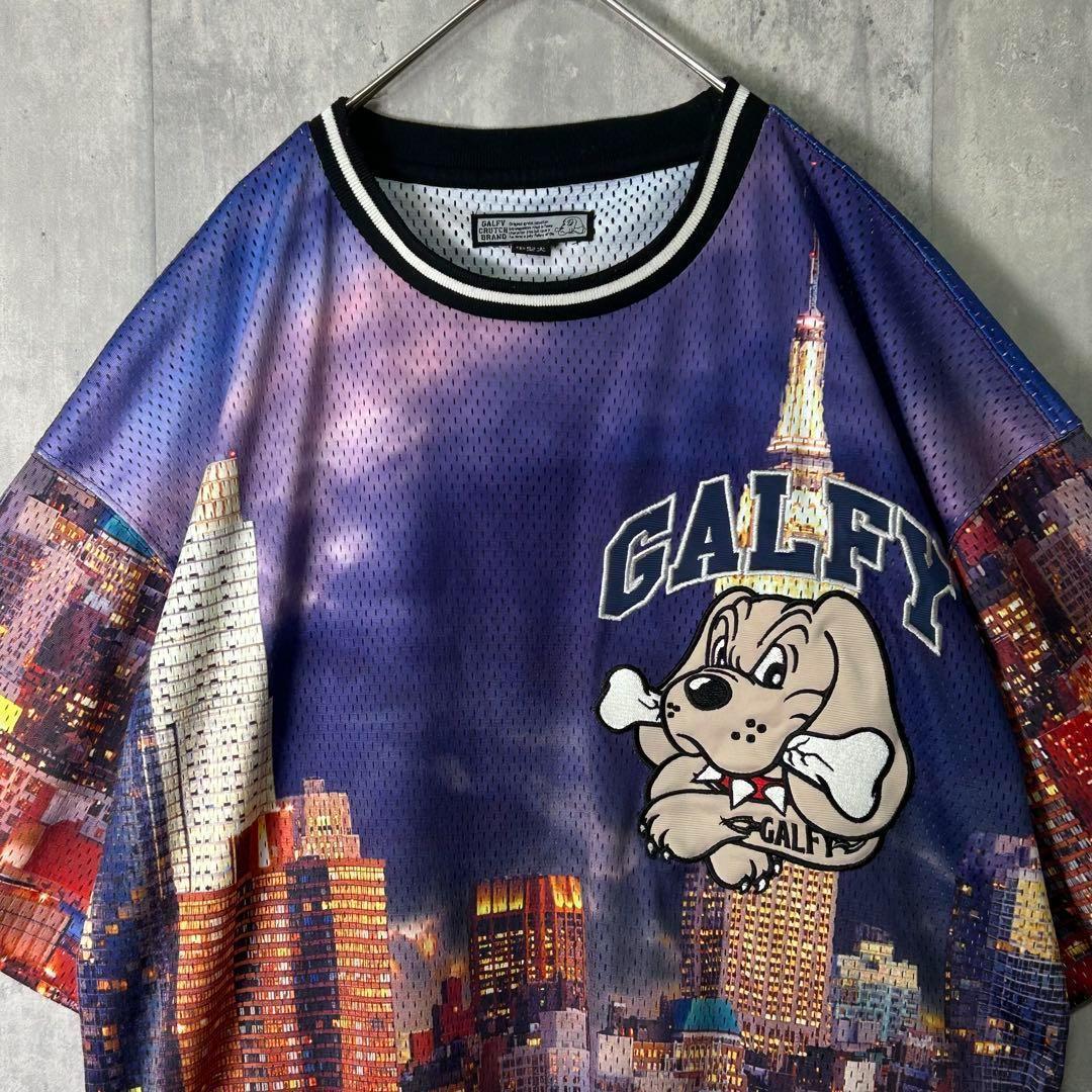 GALFY New York 総柄 メッシュ ゲームシャツ 刺繍ロゴ L