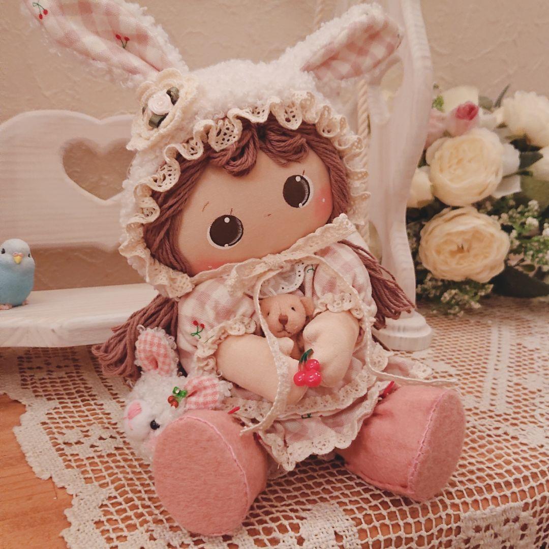❁ハンドメイドドール❁ウサ耳ボンネット人形❁カントリードール❁お人形 ❁贈り物