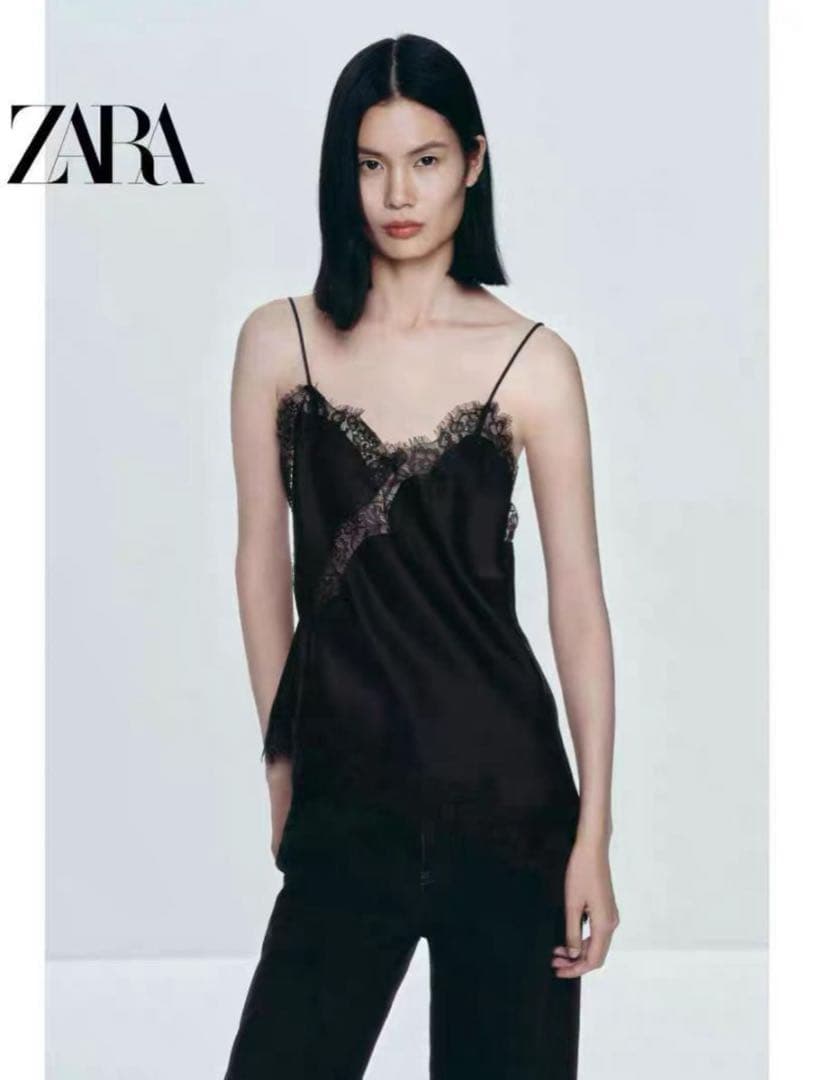 完売★ZARAレーストリムキャミソールトップスSサイズ★黒★新品タグ付フォロー割