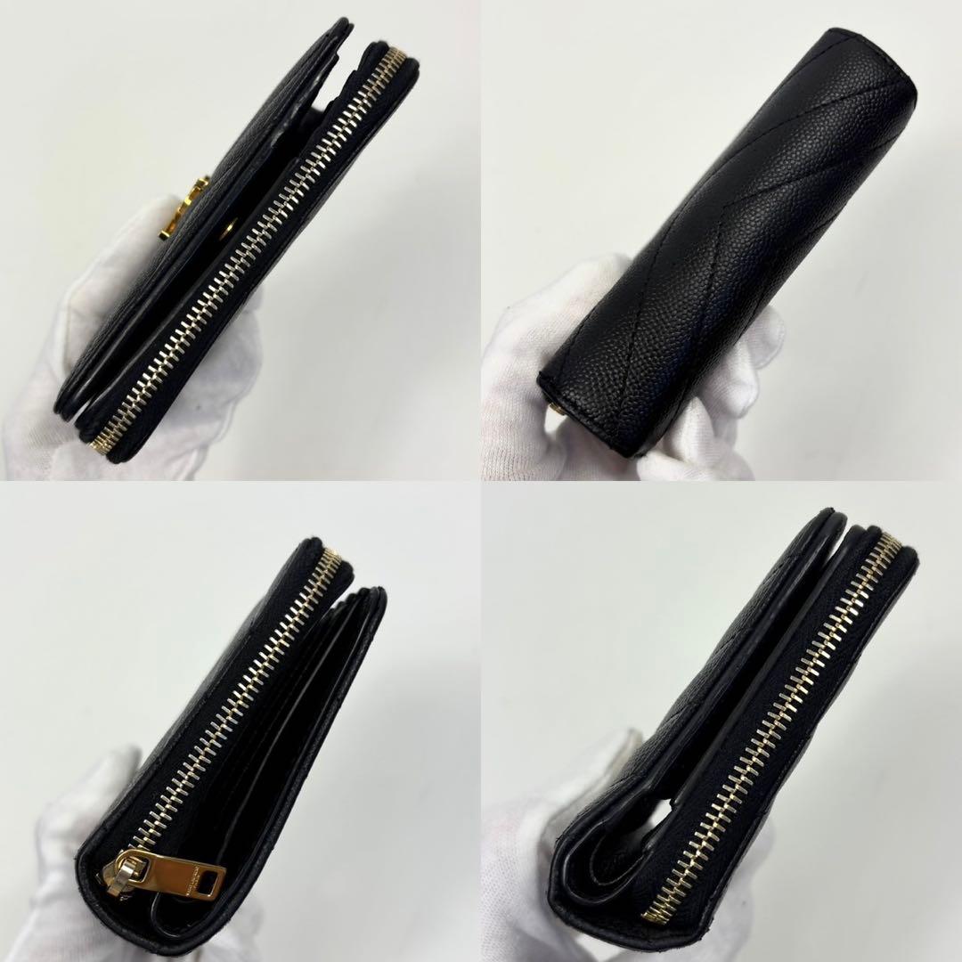 専用サンローラン 2つ折り財布 カサンドラ Vステッチ ロゴ金具 レザー 黒