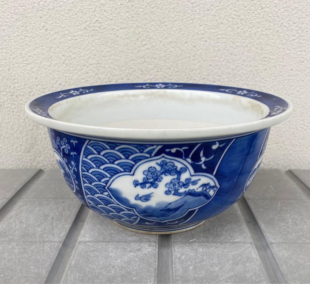 落款 有田山徳造 染付け 盆栽鉢 植木鉢
