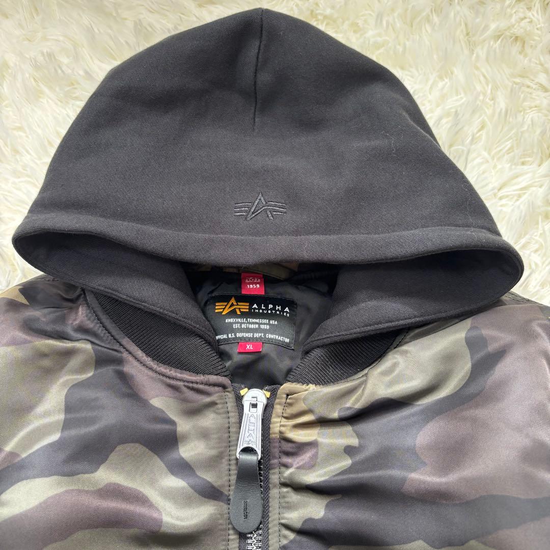 【美品】ALPHA INDUSTRIES カモフラ 迷彩 フード MA-1 XL