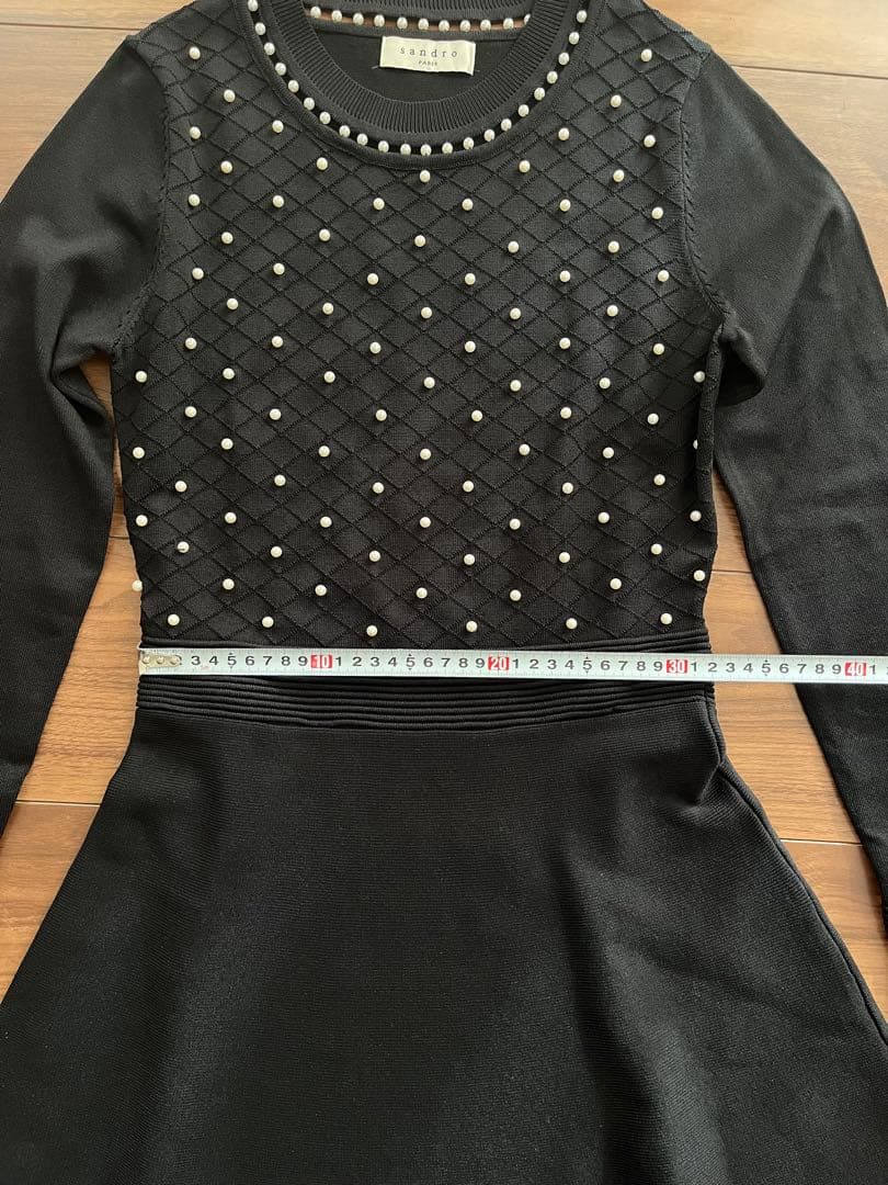 Sandro Paris サロンド パール装飾　ニットワンピース ブラック　黒