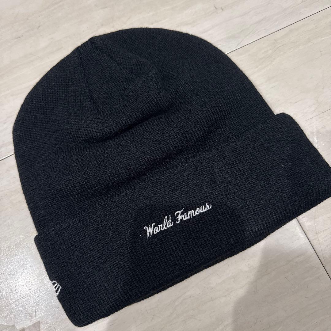 美品 Supreme ニット帽 黒 World Famous刺繍