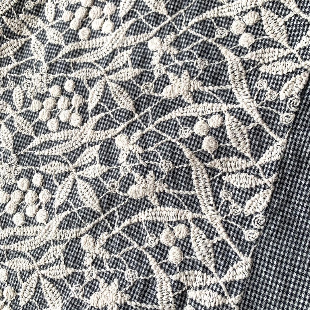 ビアズリー フロント刺繍フランネルワンピース チェック柄 グレー系 洗える