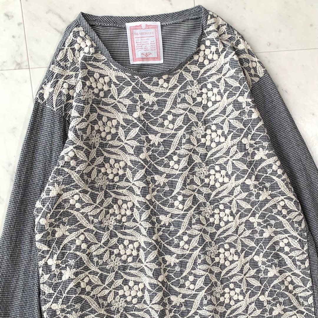 ビアズリー フロント刺繍フランネルワンピース チェック柄 グレー系 洗える