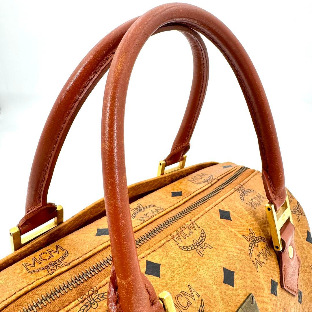 ✨美品✨MCM ミニボストン ハンドバッグ ロゴプレート 総柄 旅行バッグ 茶