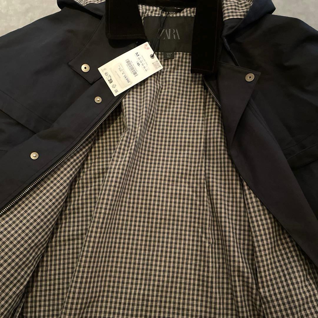 新品タグ付 ZARA コントラストラペルフード付き トレンチコート ネイビー M