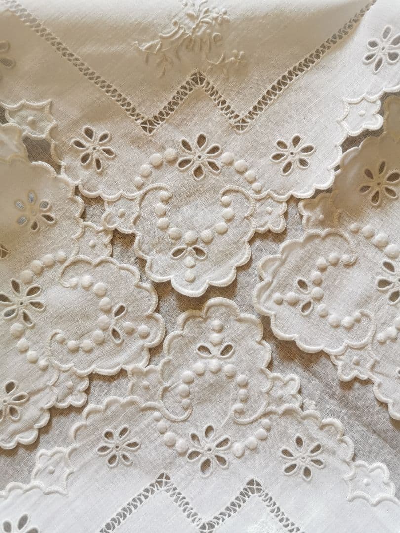 アンティーク フランス マリー花刺繍 オープンカットワーク アイレット ハンカチ