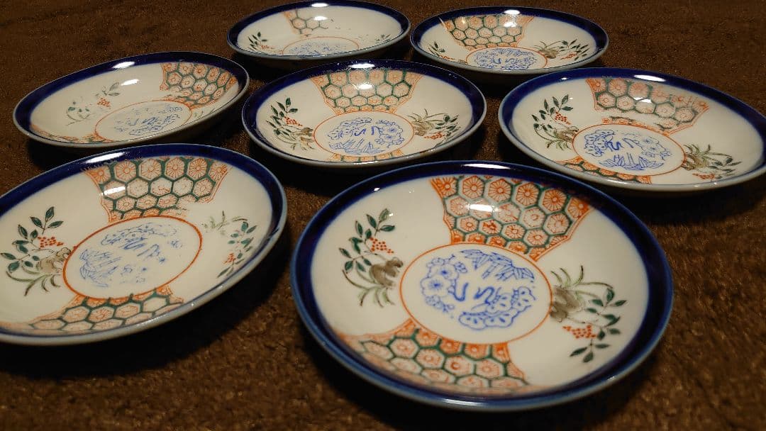 古伊万里　伊万里 色絵 華の図　小紋　豆皿　菓子皿　７客