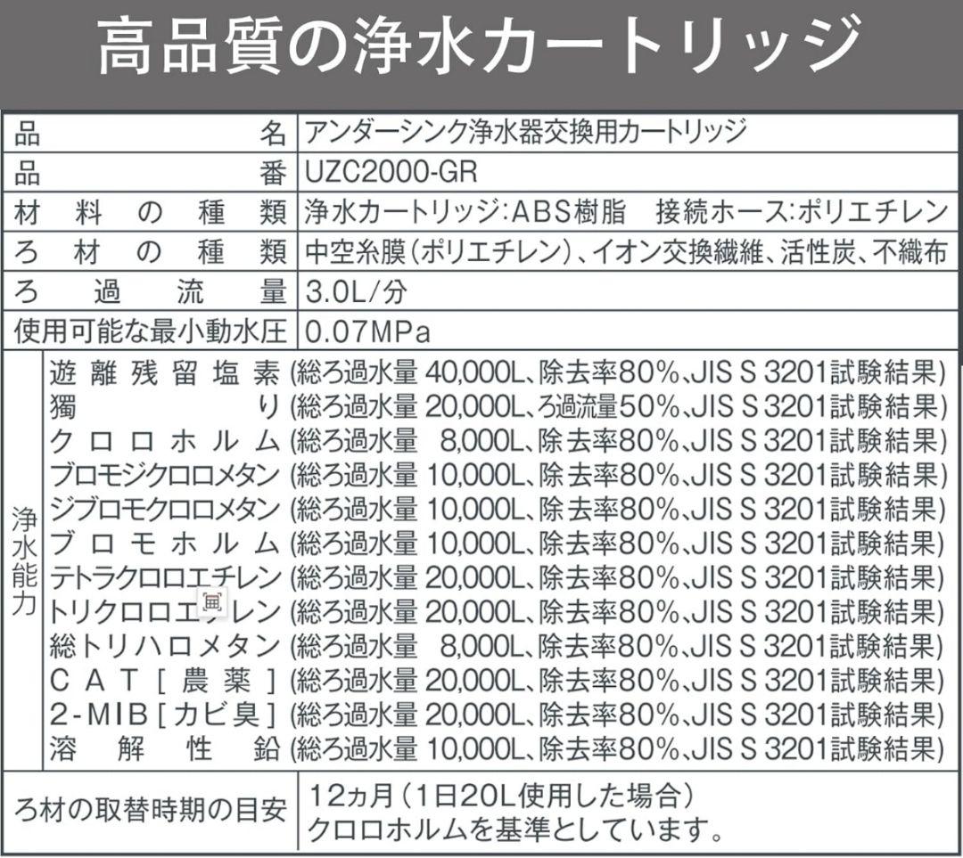 SparkioUZC2000-GR 交換用浄水カートリッジ 12物質除去高性能