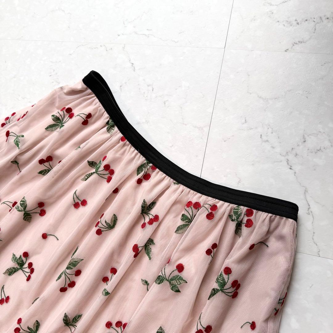 ローズティアラ チェリー刺繍チュールフレアスカート 50 ピンク 大きいサイズ