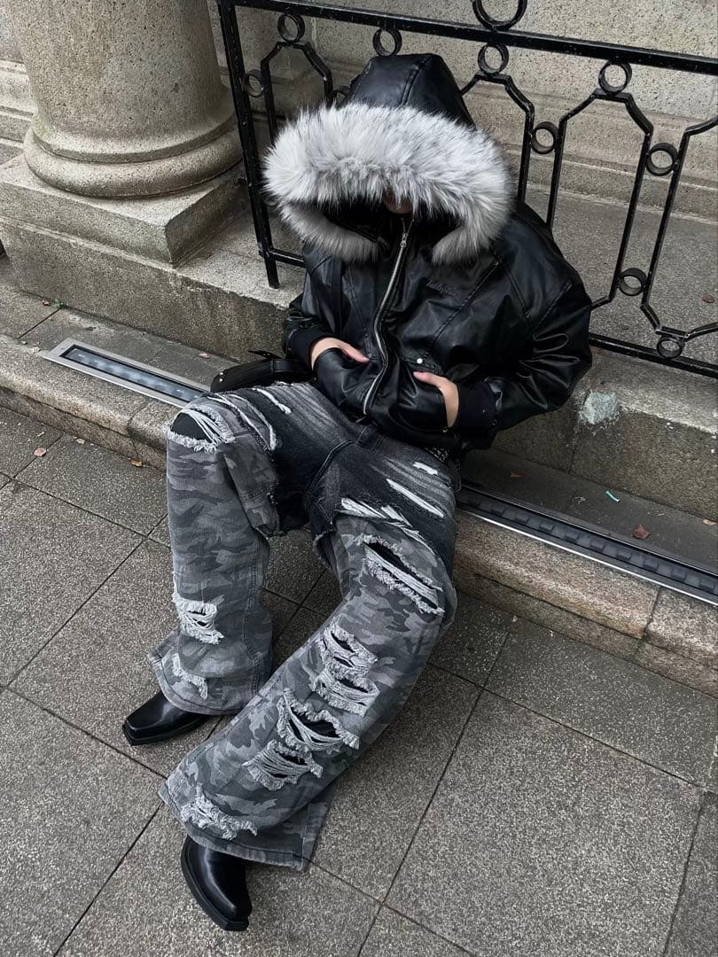 Y2K fur leather down Parker ファー着脱可能