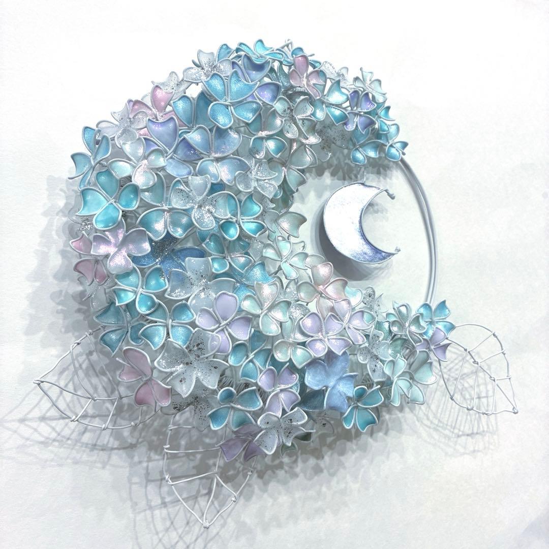 一点物　月×大きな紫陽花リース　ディップアート　ワイヤークラフト　アート