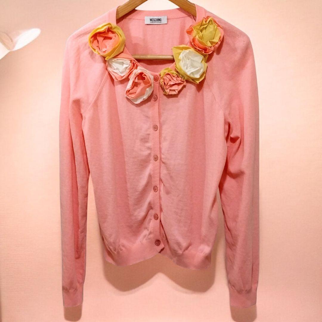 MOSCHINO コットン カーディガン 花飾り付き ピンク 44 モスキーノ