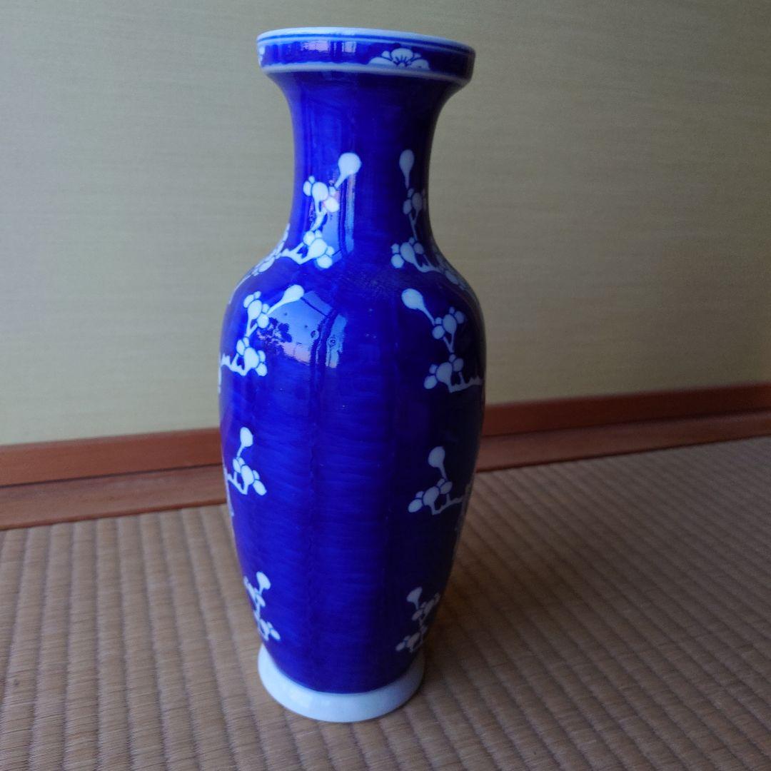 中国…青い花柄陶器花瓶　箱無し