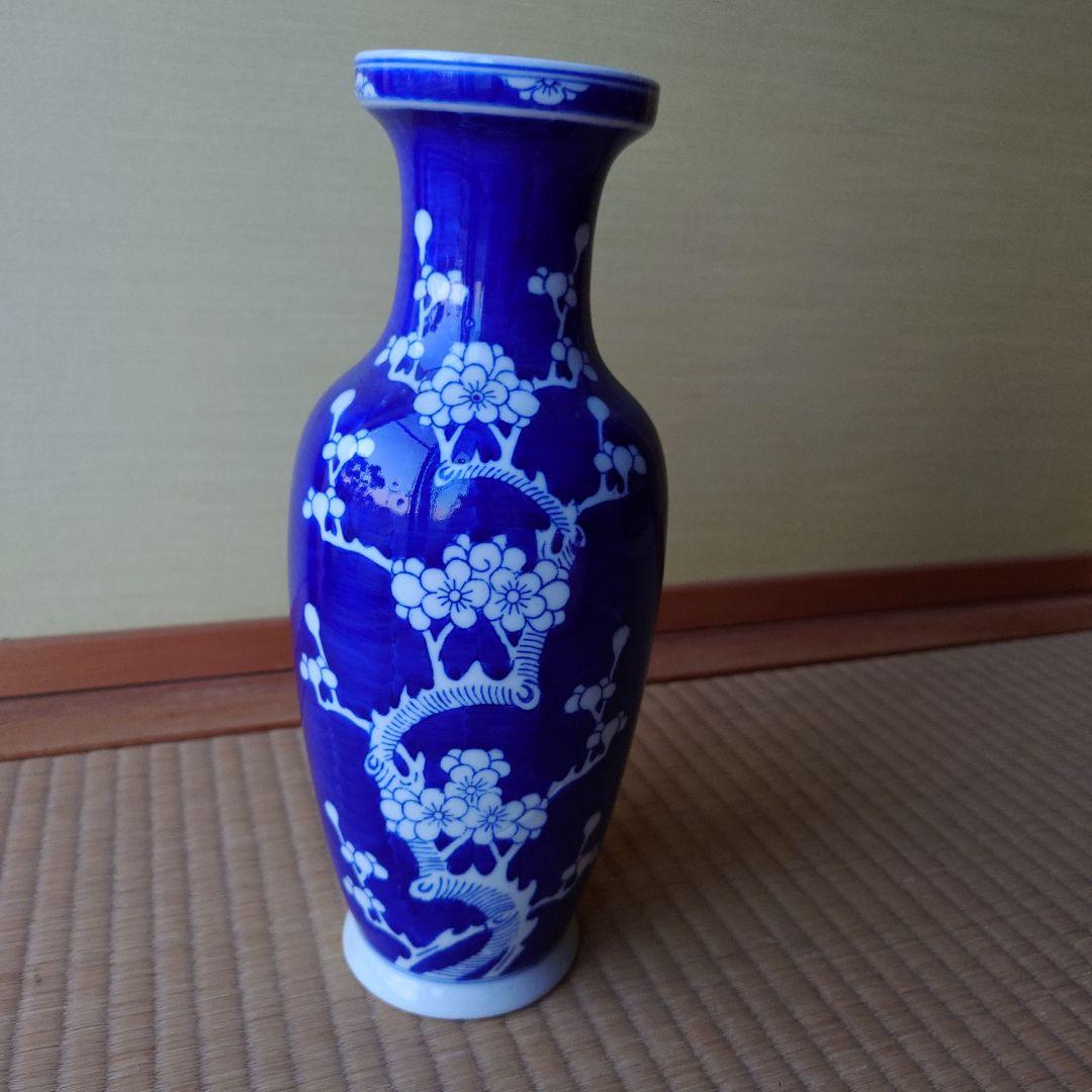 中国…青い花柄陶器花瓶　箱無し