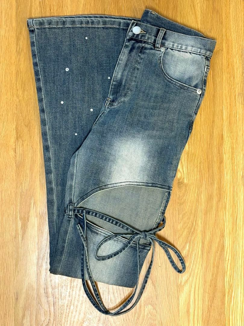 パンツ M me eme Ribbon bleach flaredenim