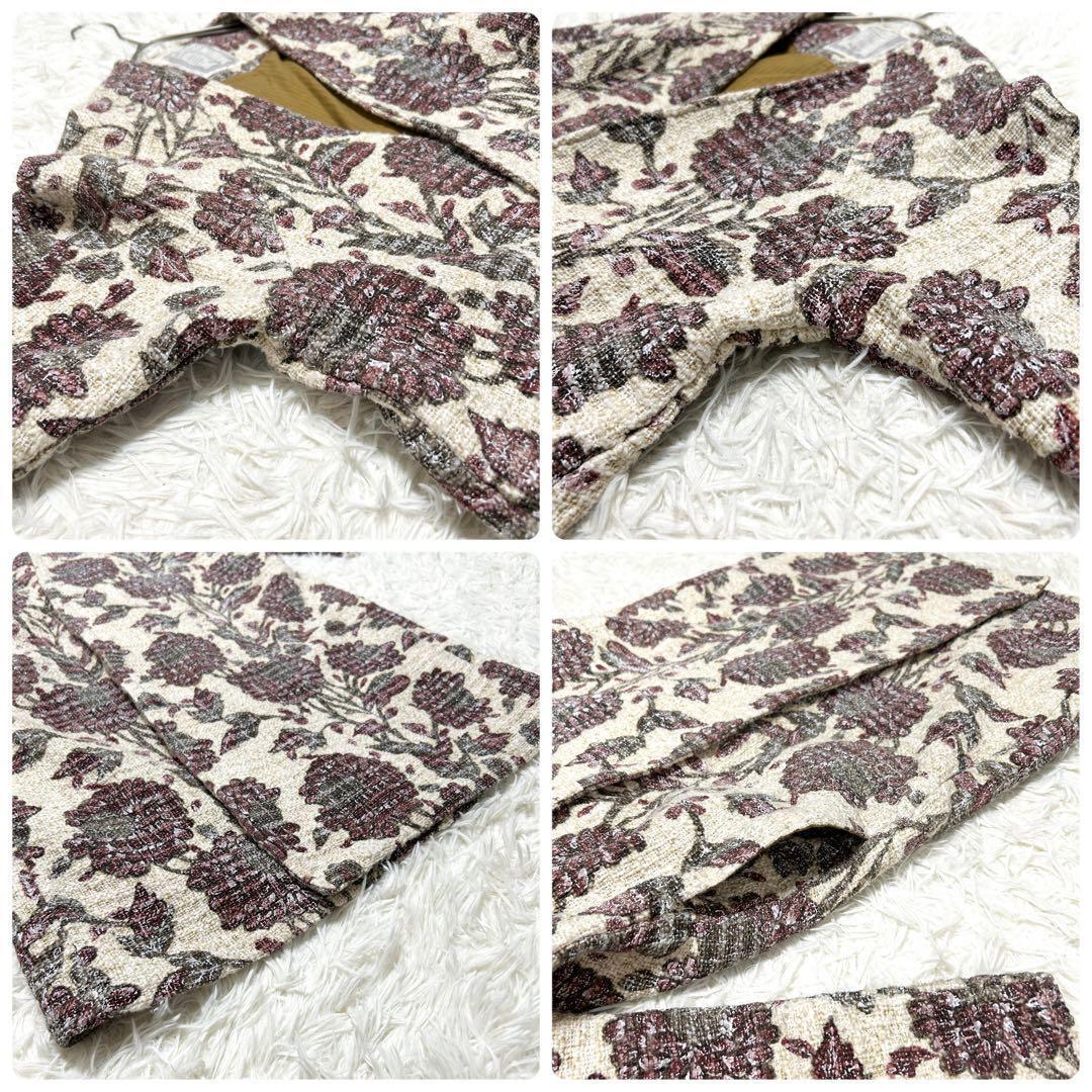美品✨ビアズリー ジャガード ツイードコート 花柄 ノーカラー