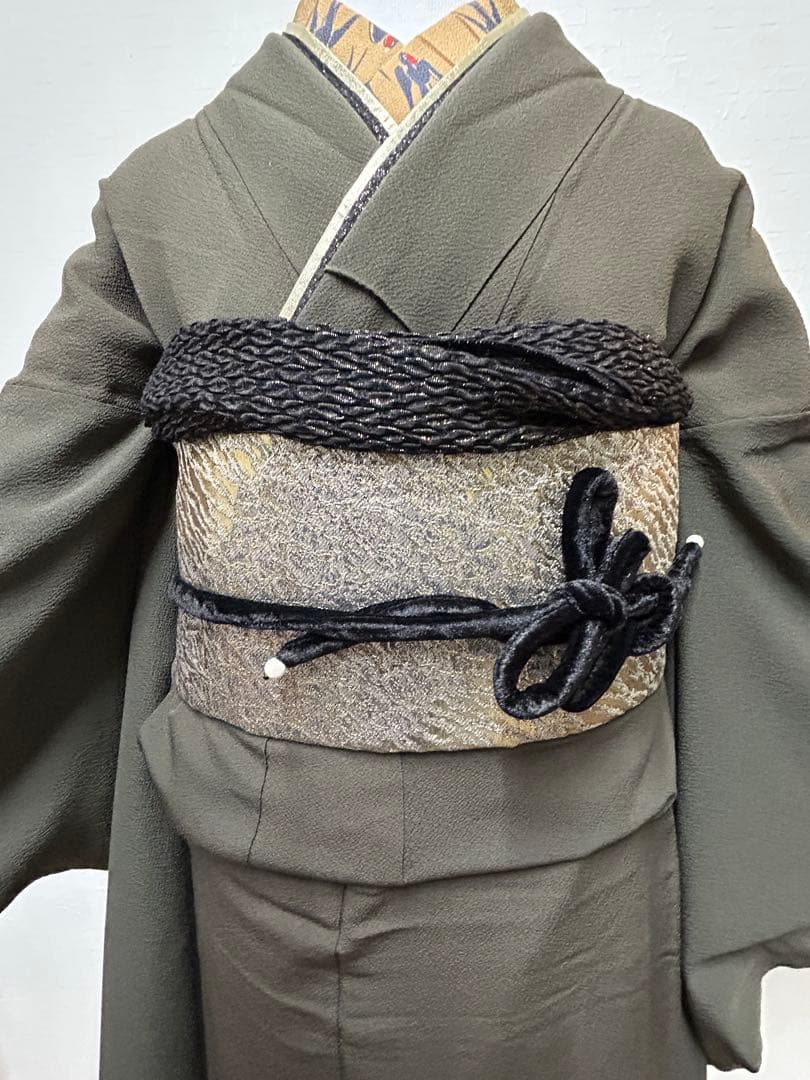 カーキ振袖 （156センチ〜166センチの方向け）着物7点フルセット+草履