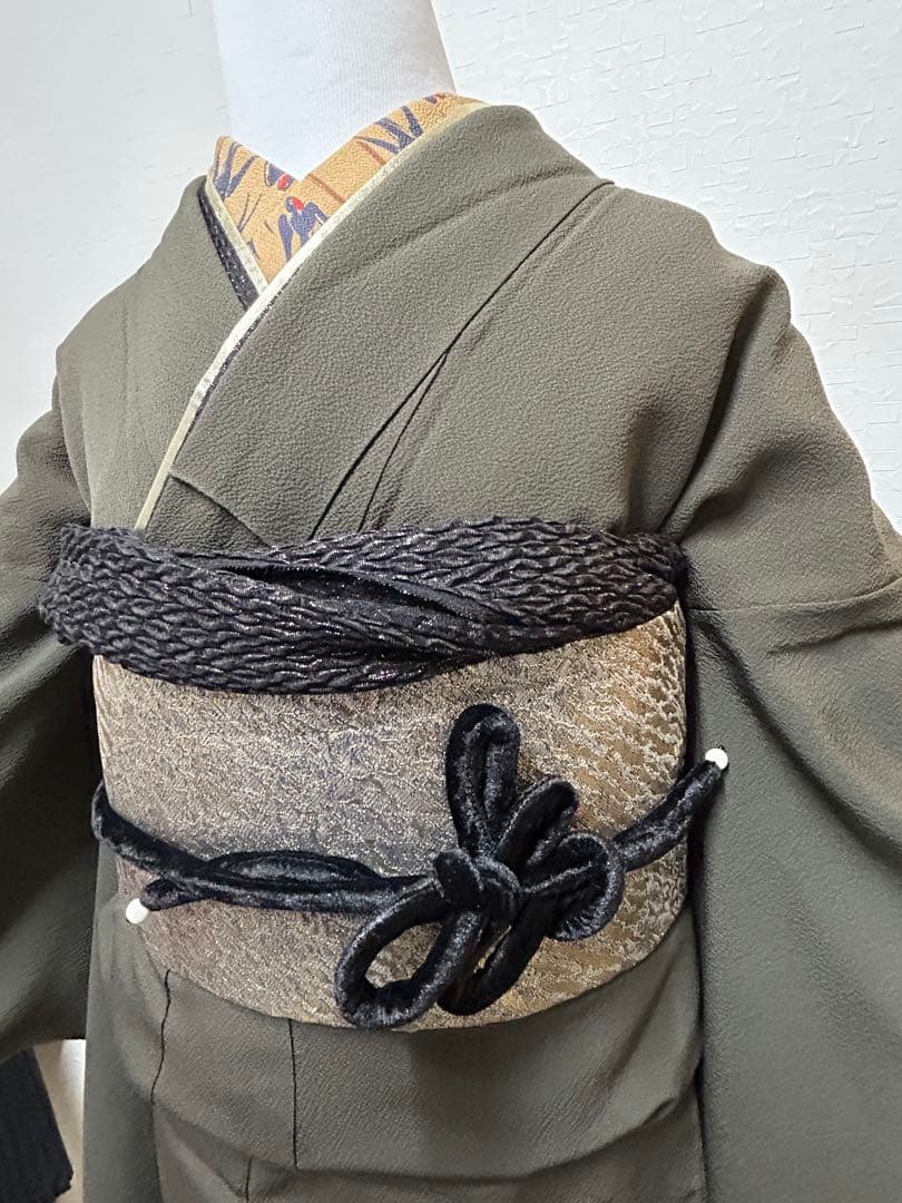カーキ振袖 （156センチ〜166センチの方向け）着物7点フルセット+草履