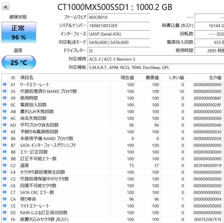 な*つ様 【動作良好】Crucial MX500 1TB 2.5インチ SSD