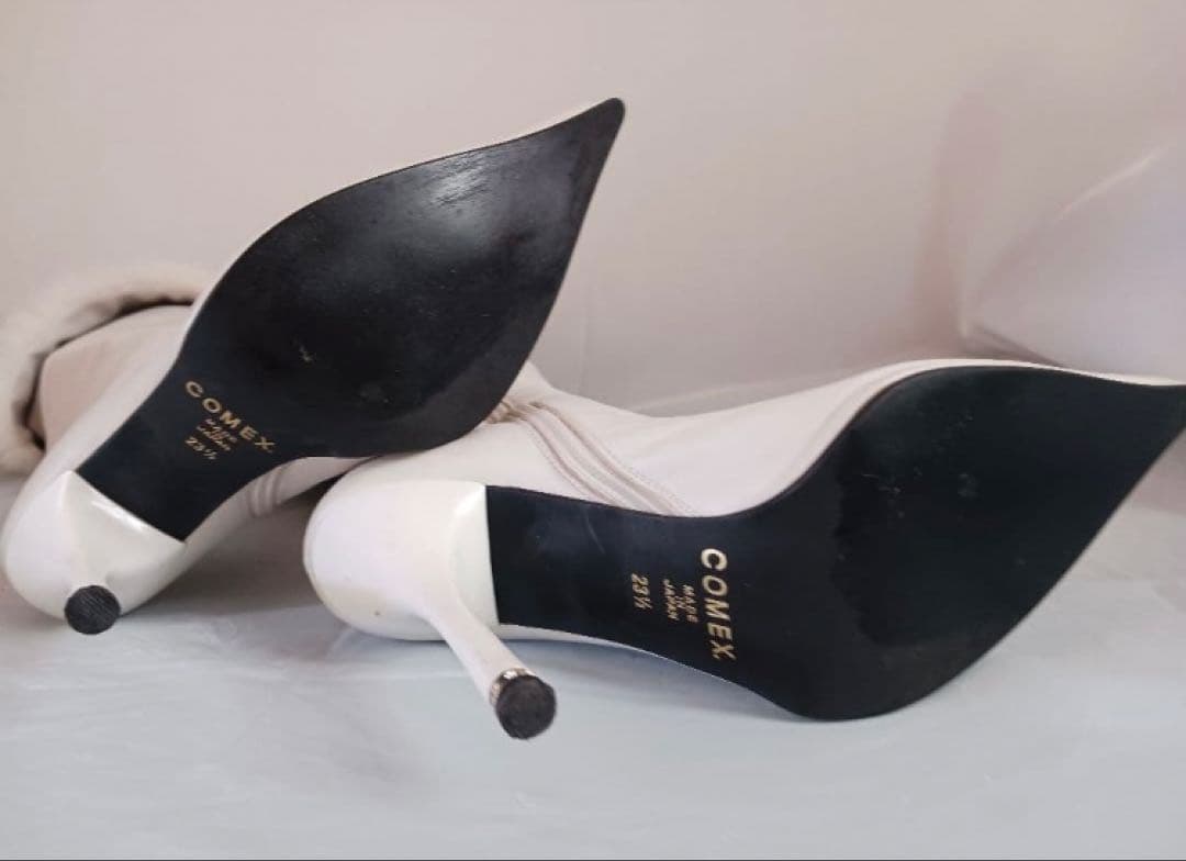COMEXホワイトレザー ファー付きロングブーツ ハイヒール ニーハイブーツ