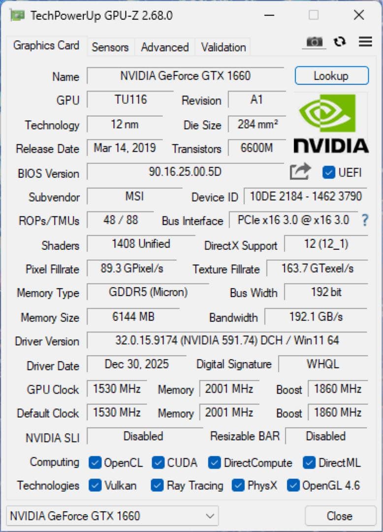 グラフィックボード・グラボ・ビデオカード GeForce GTX1660 GAMING X 6G [PCIExp 6GB]