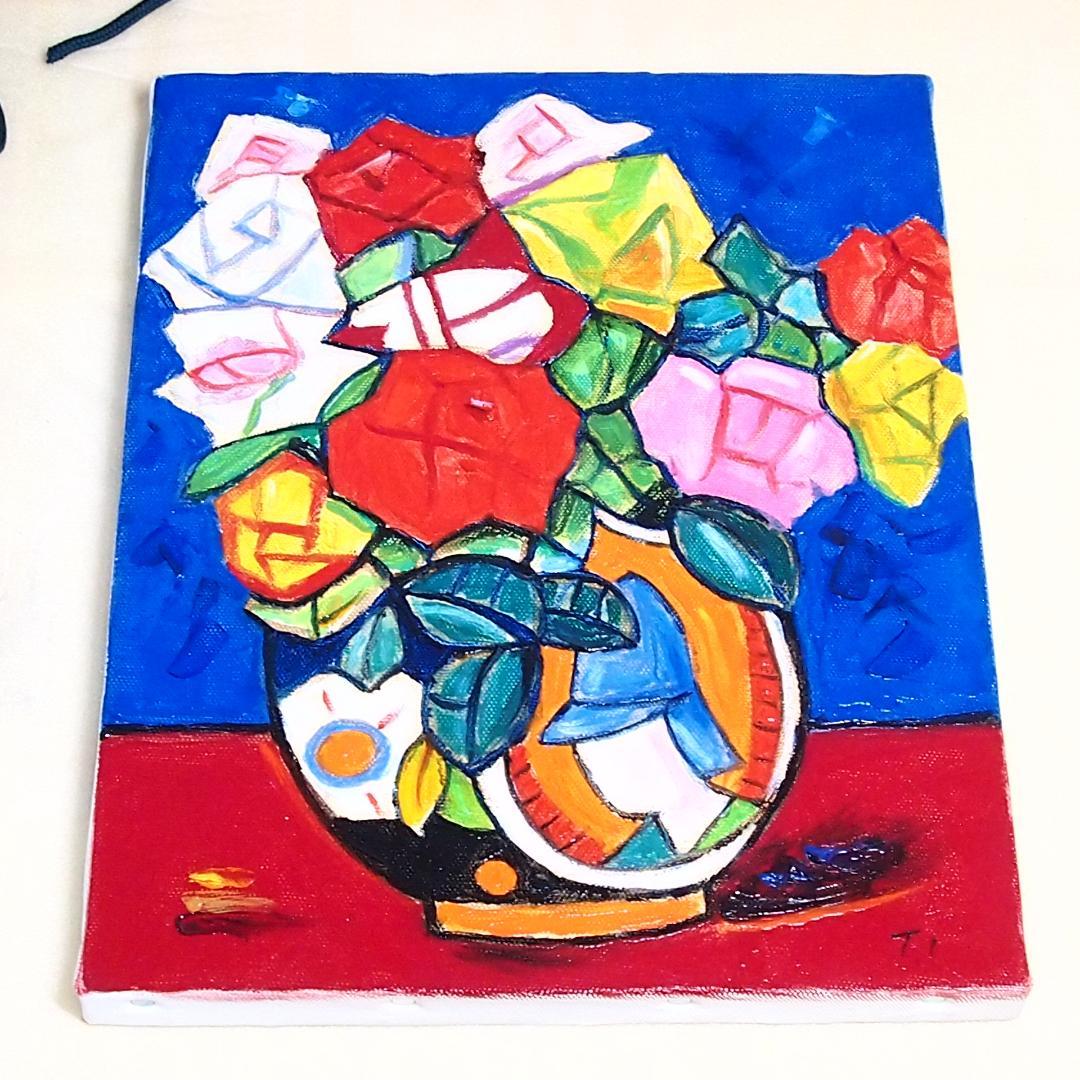【美品】油彩画/油絵 市村司「ばら」薔薇/バラ 額付き アート/絵画/オブジェ