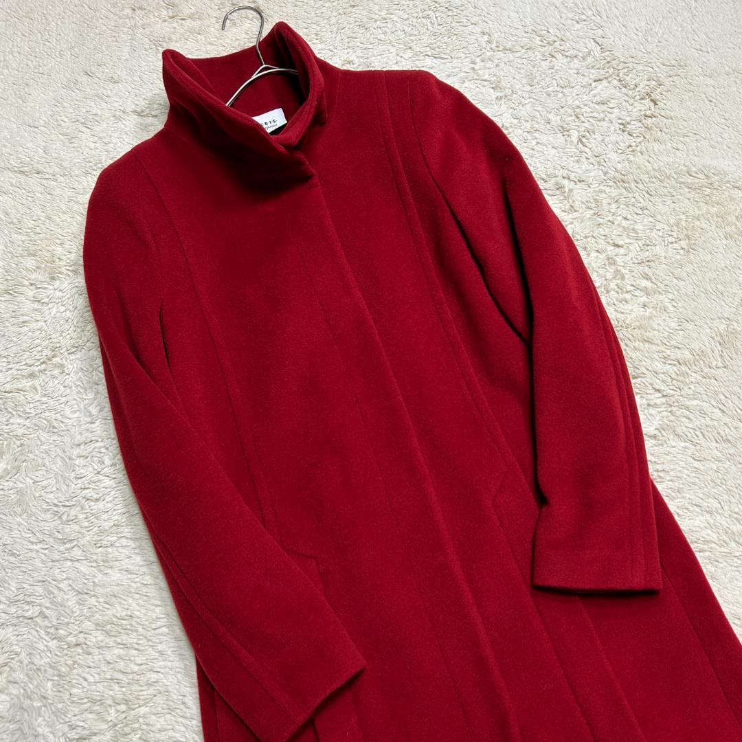 美品 AKRIS アクリス カシミヤ混 スタンドカラー ロングコート 赤系