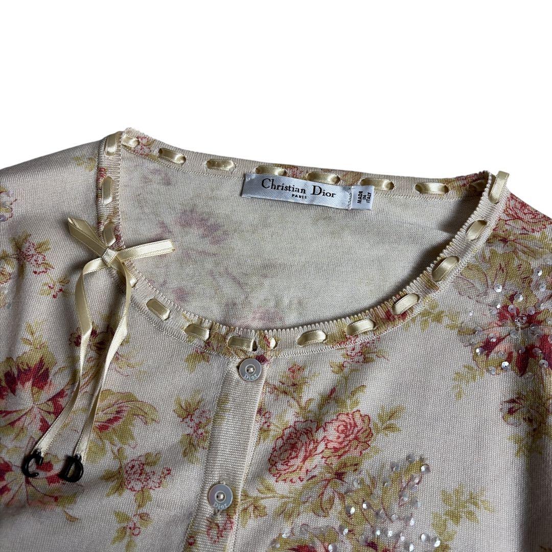 極美品 ディオール カシミヤ混 カーディガン 花柄 ロゴ ボウタイ スパンコール