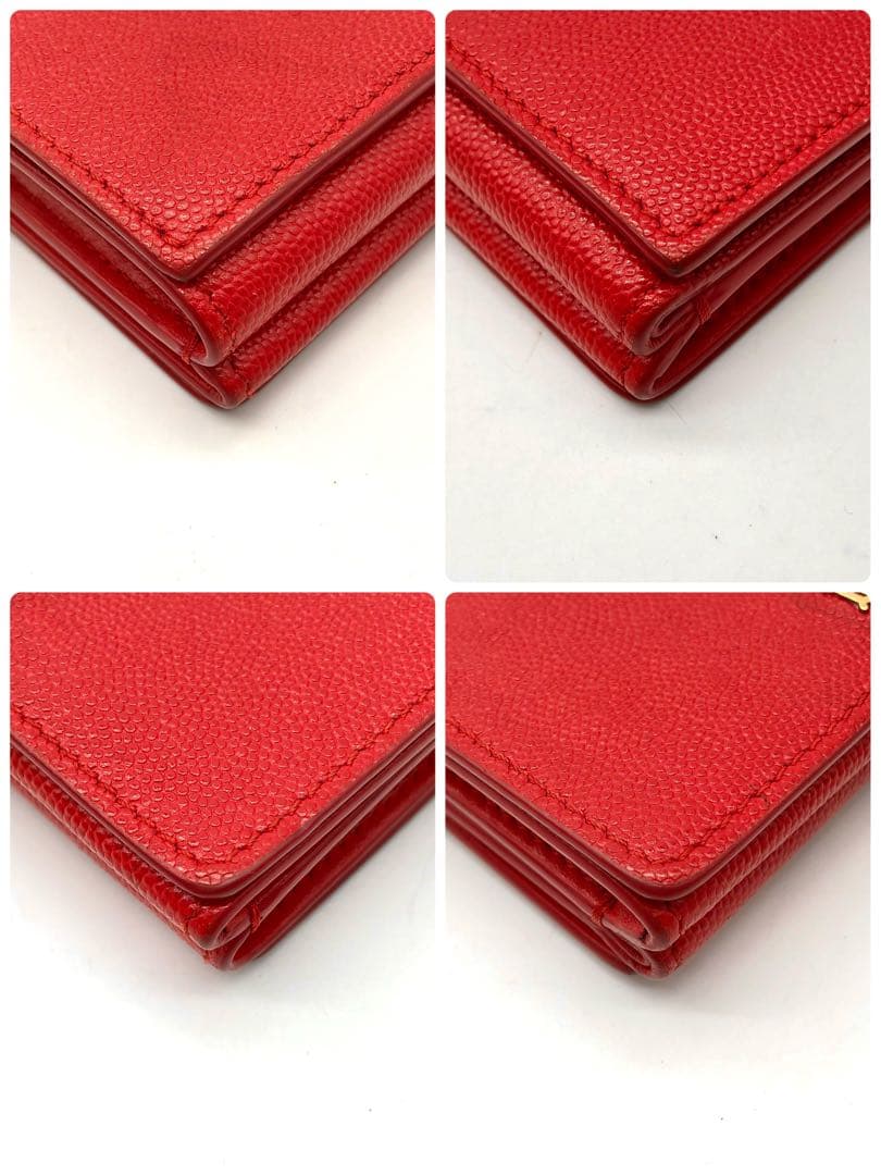 【美品】BURBERRY 3つ折り財布 TB ロゴ レザー レッド ゴールド