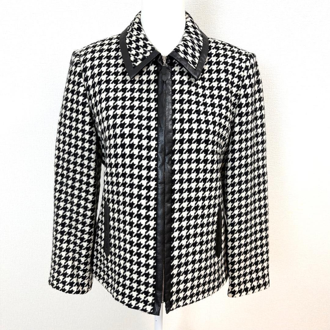 【美品】 Leilian 長袖ウールジャケット ジップアップ 9 黒 千鳥格子