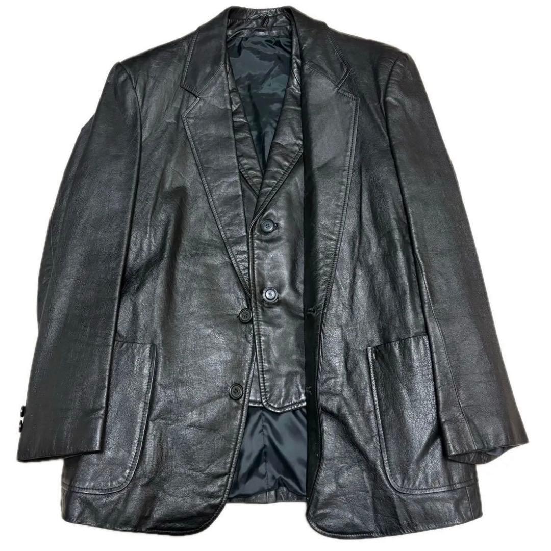 ヴィンテージ　襟付き　牛革　レザー ボタンダウン ベスト 黒　レザーベスト