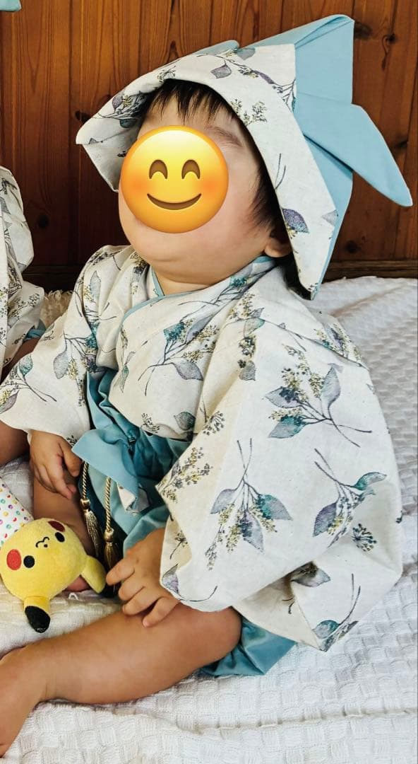 Pベビー袴ハンドメイド　グリーンリーフ柄×ミストブルーグリーン