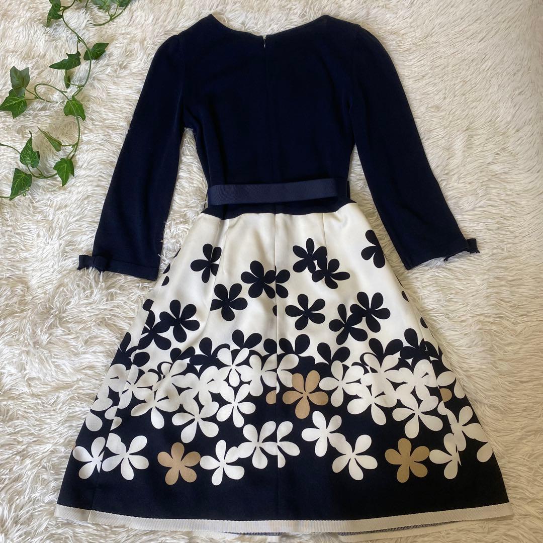 【極美品】M’S GRACY 花柄ワンピース 7分袖 ネイビー ホワイト 38