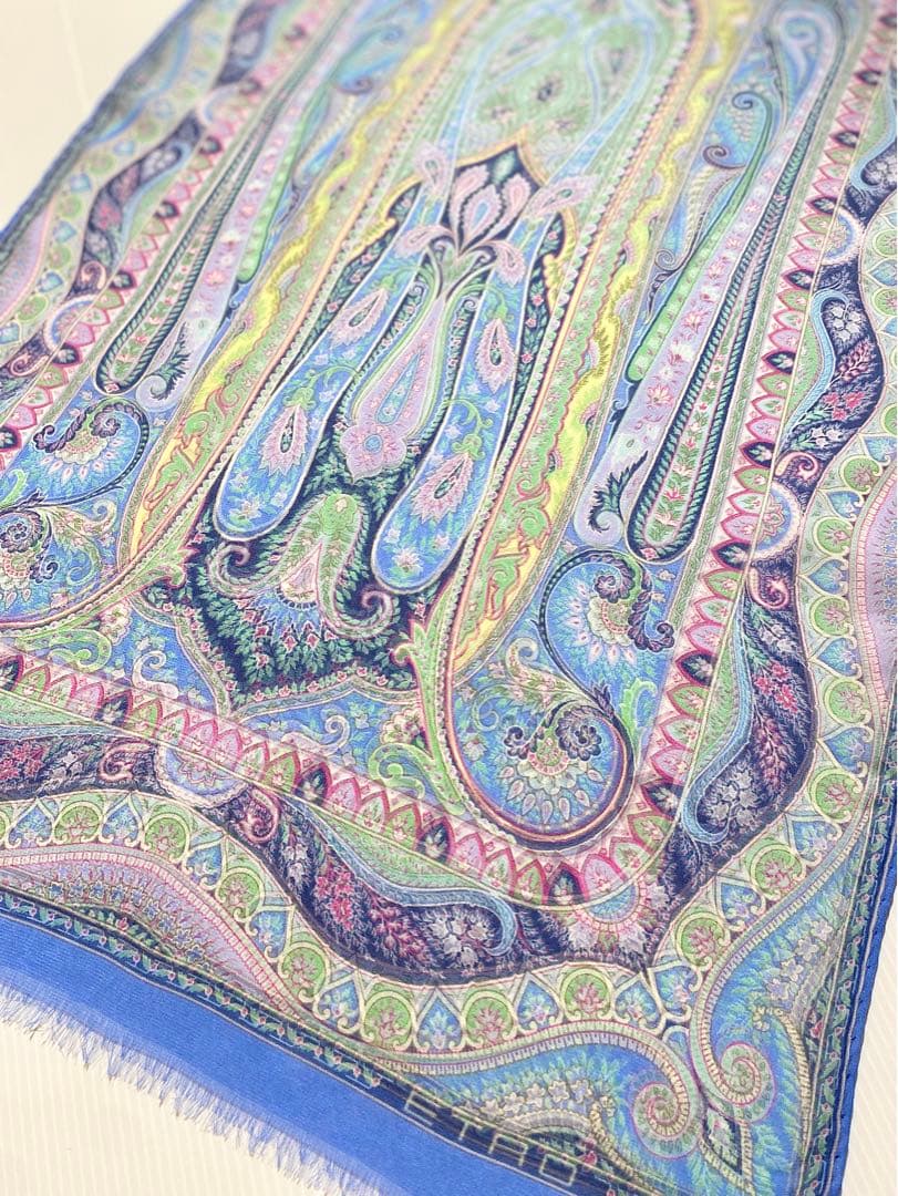 ETRO エトロ ショール ストール ペイズリーSILK絹 イタリア製 水色系