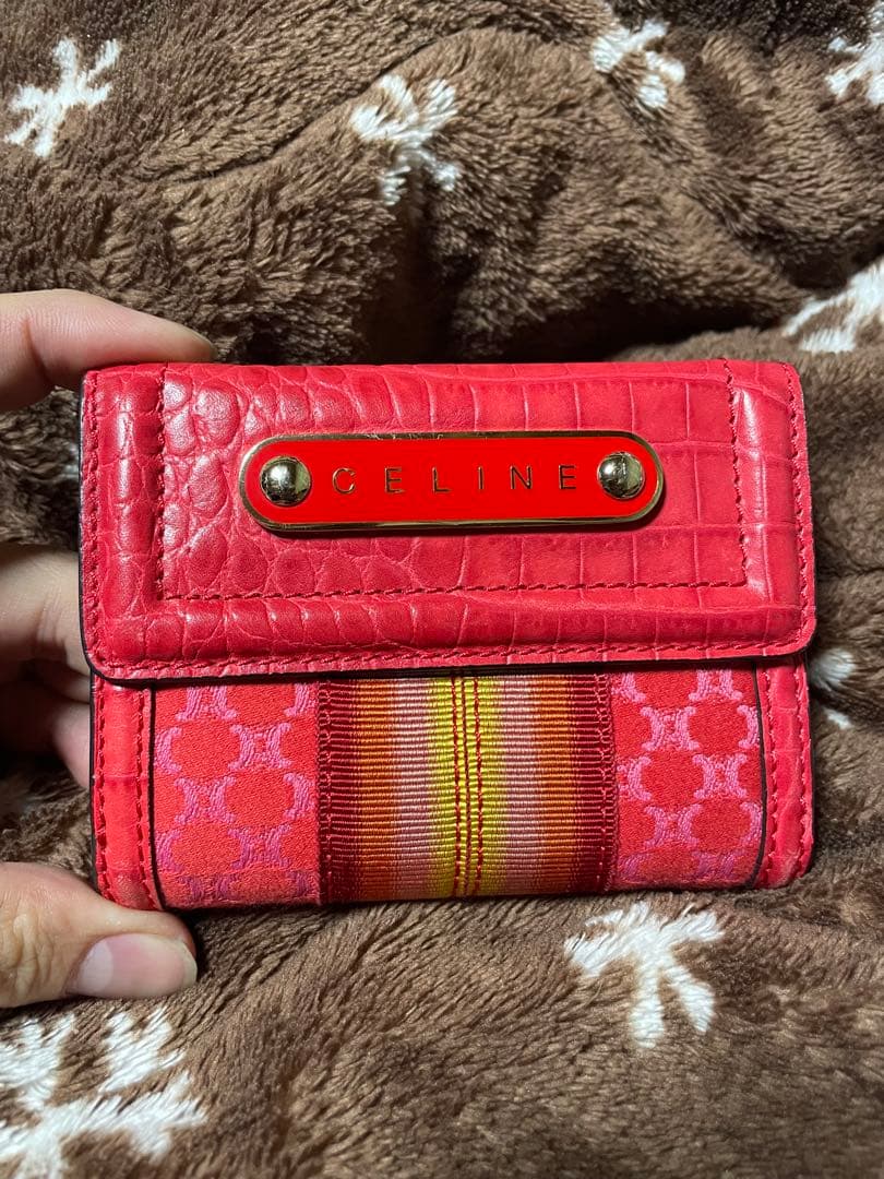 CELINE セリーヌ　クロコ 三つ折り　財布　赤　マカダム　型押