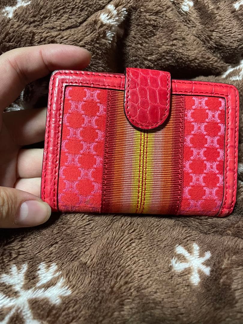 CELINE セリーヌ　クロコ 三つ折り　財布　赤　マカダム　型押