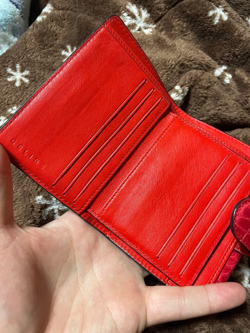 CELINE セリーヌ　クロコ 三つ折り　財布　赤　マカダム　型押
