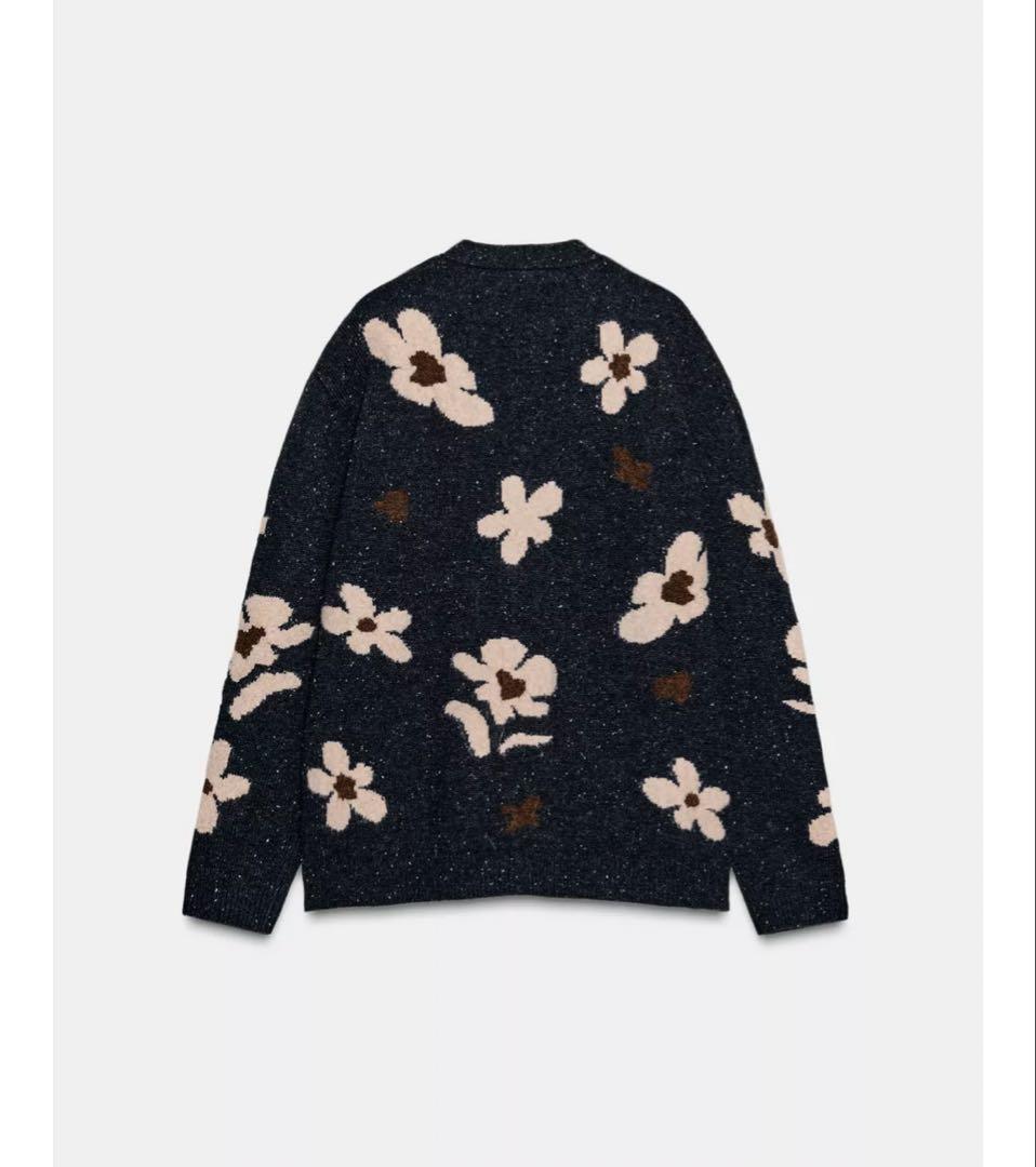 完売品⭐︎ZARA オーバーサイズジャカードフラワーニットカーディガン S グレー