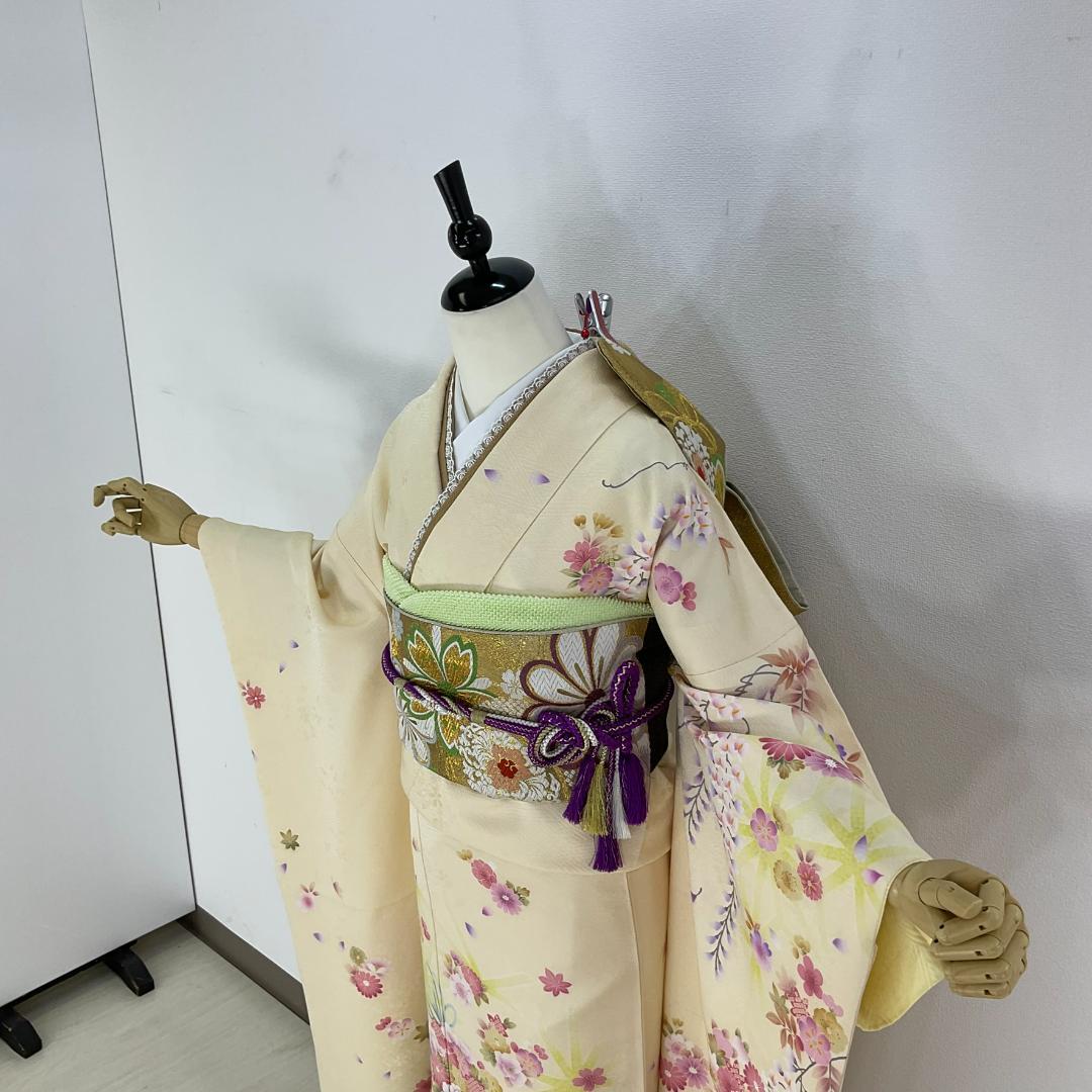 お振袖 クリーム×グリーン　正絹　美品