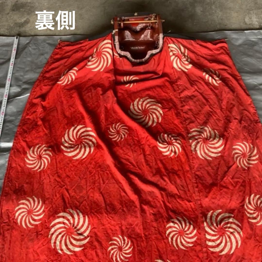 古い獅子舞 獅子頭 木製 木彫り 彫刻 胴幕 布 赤 祭 工芸品 骨董品 レトロ
