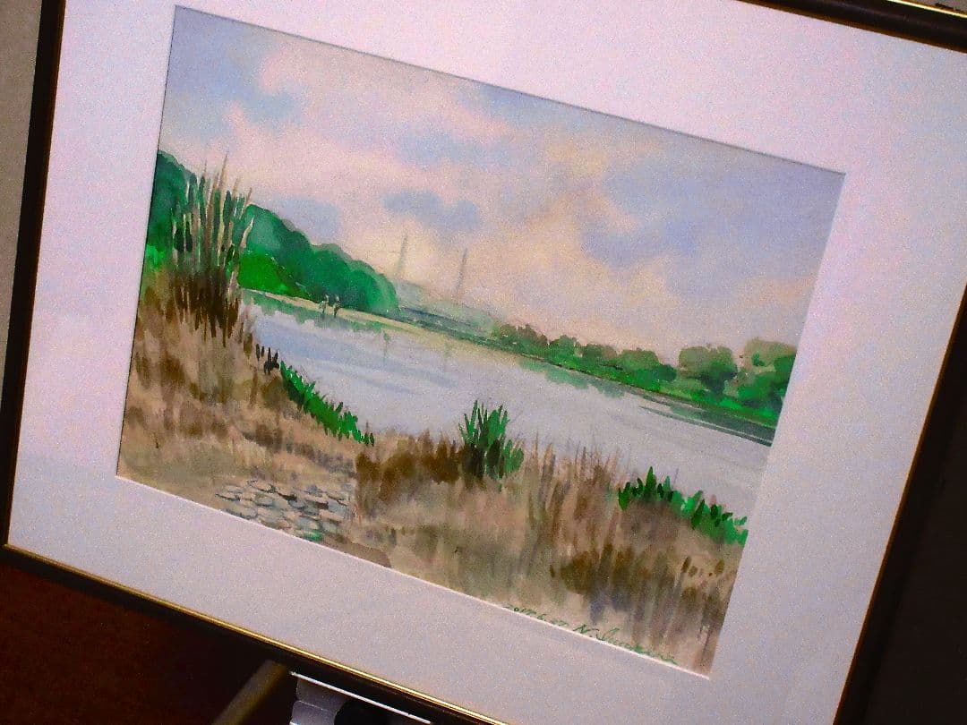 水彩画 風景画 緑と青のトーン 原画 額済み F6サイズ