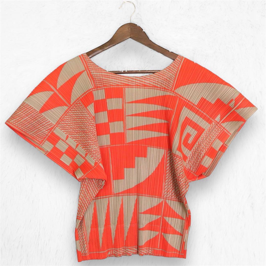 美品✨ プリーツプリーズ 総柄 カットソー オレンジ L~XL 大きいサイズ