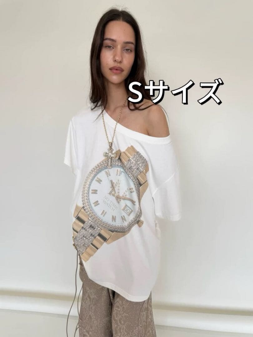 時計プリント オフショルダーTシャツ Sサイズ