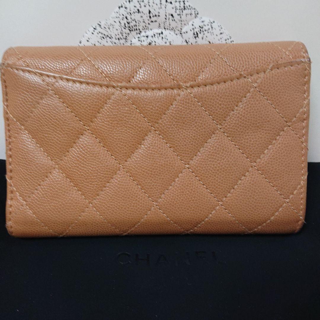 CHANEL ベージュ キルティング 三つ折り財布 キャビアスキン ミディアム