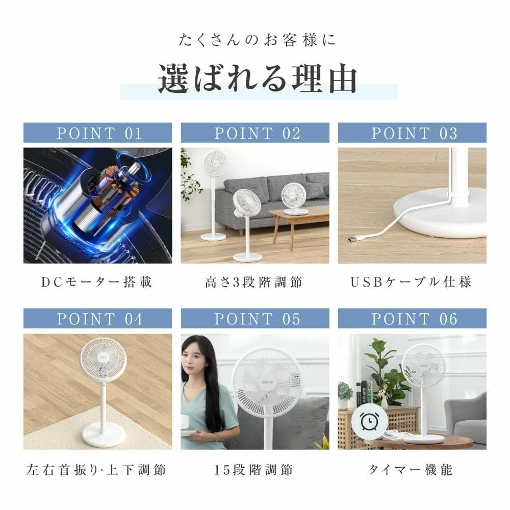 扇風機 サーキュレーター DCモーター 1台3役 省エネ usb式 ホワイト